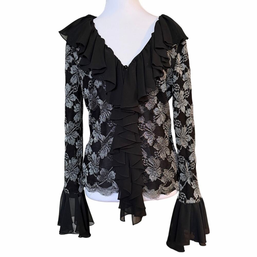 Victor Costa Black Lace Blouse Button Front Ruffle Goth Sheer Bell Sleeve S